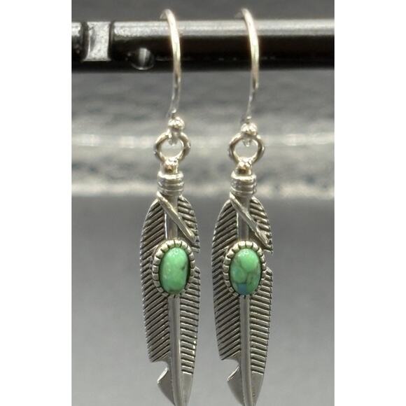 New Condition Sterling Silver Turquoise Feather Dangle Earrings 925 X15 - Picture 1 of 8